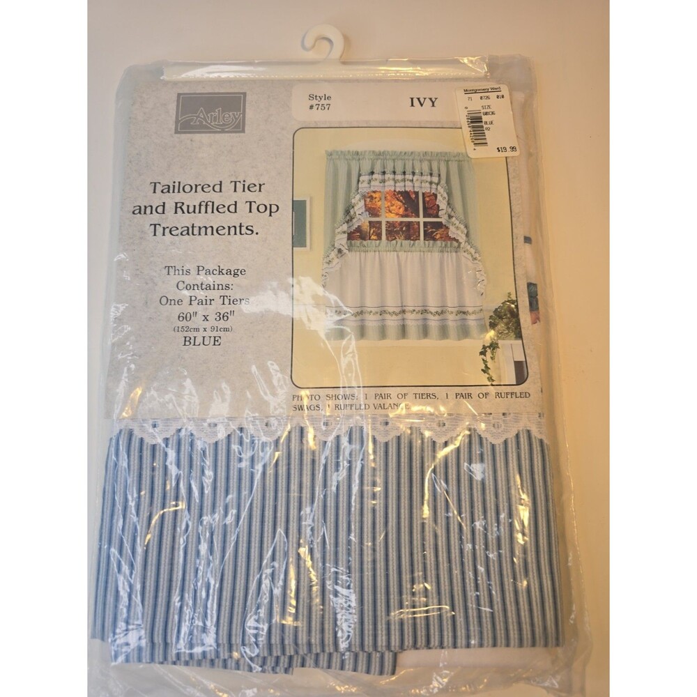 Vintage Cottage Ivy Stripe Blue Cafe Curtain tiers 1 Pair PANELS Style757 60"x36
